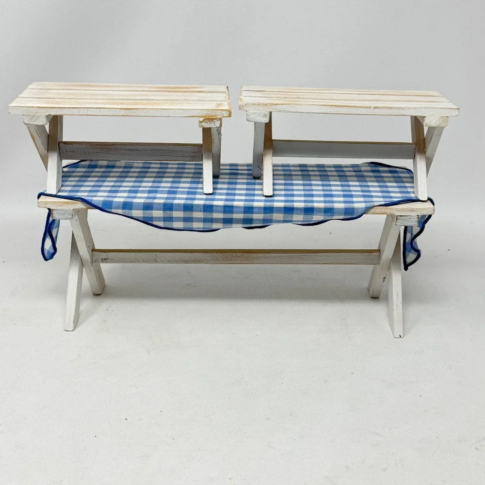 Anne Geddes Enesco Miniature Picnic Table Bench Set White Wood Gingham Prop